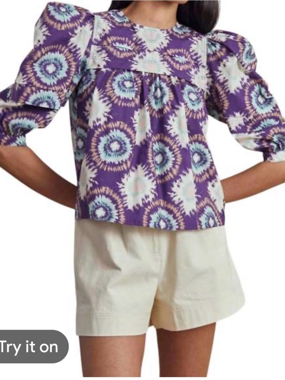 M Hunter Bell Lydia Top Shirt Womens M Purple Blue Puff Sleeve Crew Neck